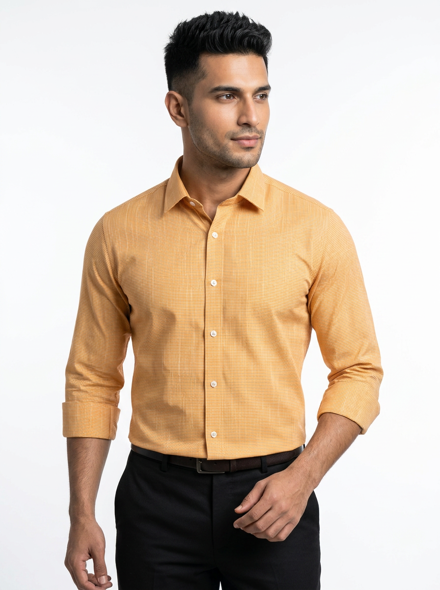 Men’s Mustard Yellow Micro Check Regular Fit Formal Casual Shirt, Full & Half Sleeve