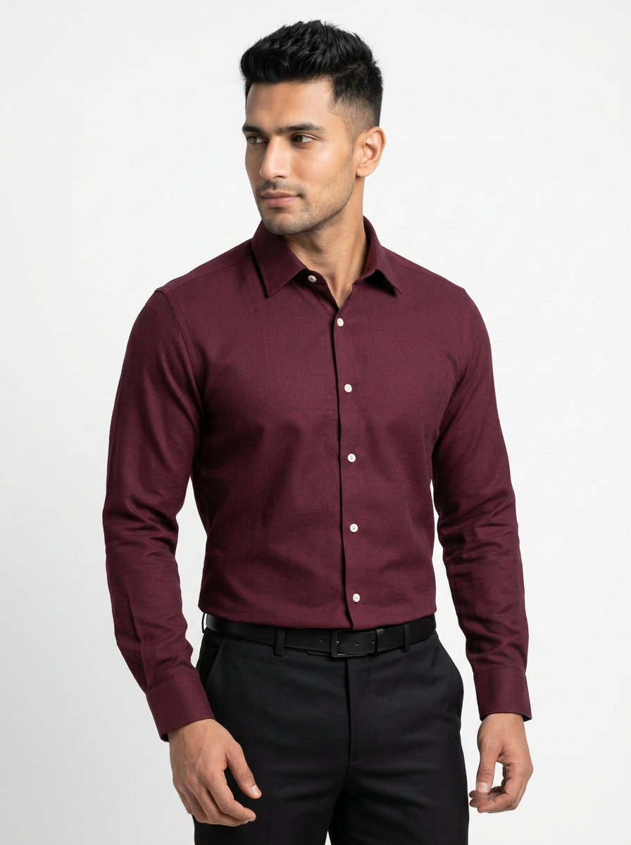 Men’s Burgundy Maroon Textured Regular Fit Formal Casual Shirt, Full & Half Sleeve