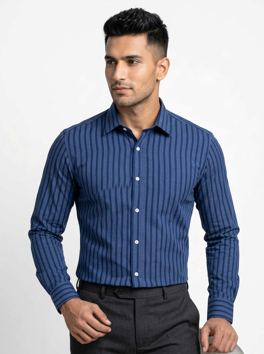 Men's Blue Vertical Stripe Formal Shirt Regular Fit | Full & Half Sleeve Secondary image