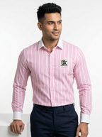 Men’s Pink & White Vertical Striped Regular Fit Formal Casual Shirt, Full & Half Sleeve
