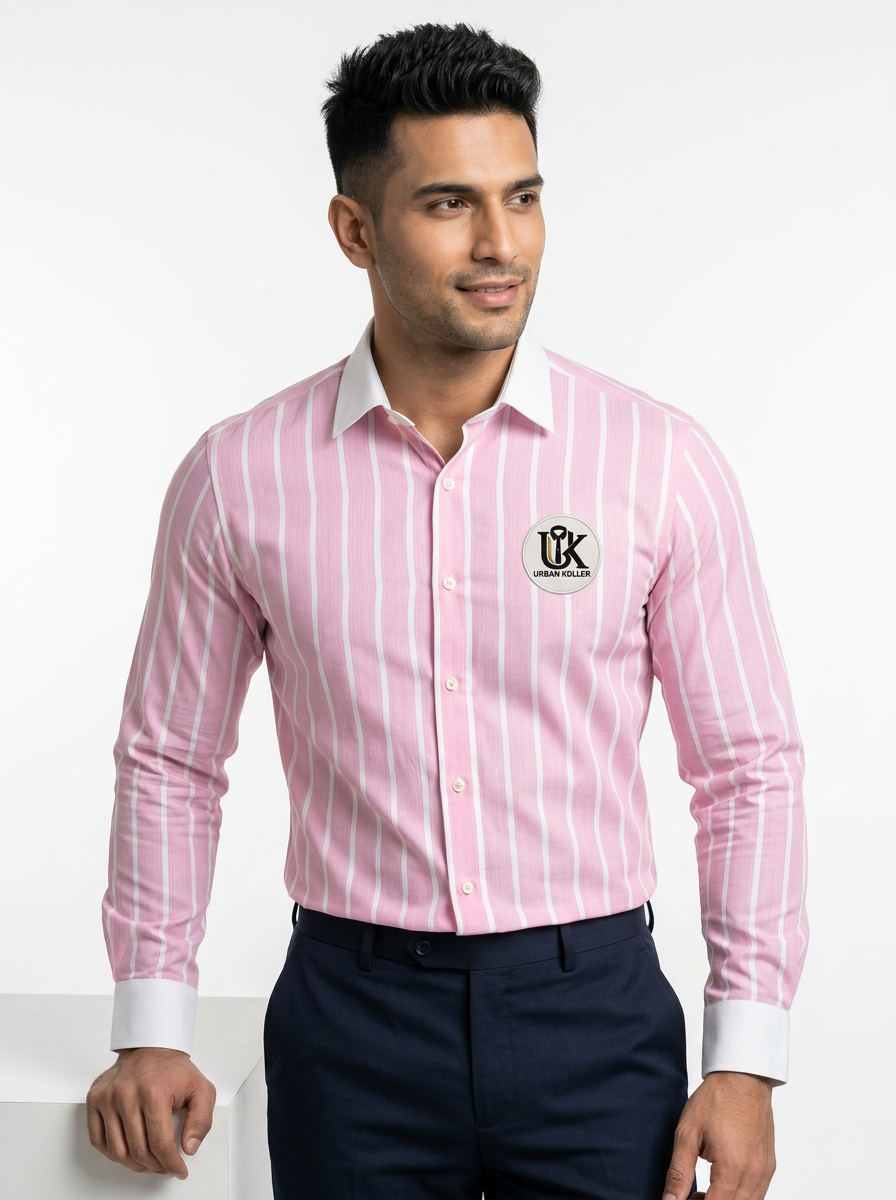 Men’s Pink & White Vertical Striped Regular Fit Formal Casual Shirt, Full & Half Sleeve