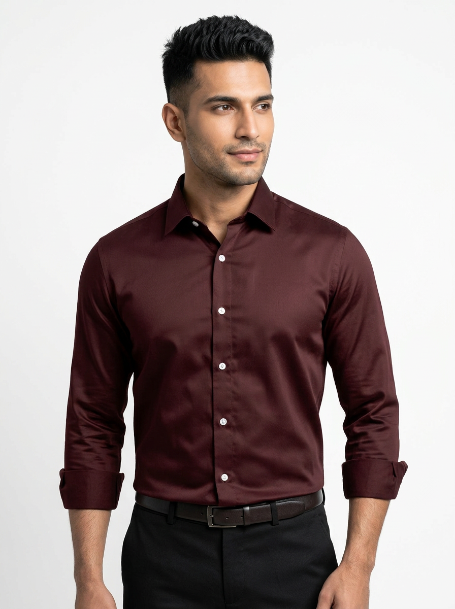Men’s Dark Oxblood Maroon Satin-Finish Regular Fit Formal Shirt, Full & Half Sleeve