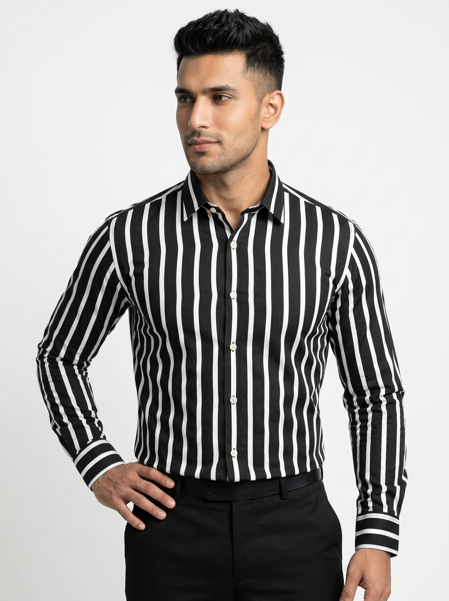 Men's Black & White Striped Regular Fit Formal Shirt | Full & Half Sleeve Secondary image