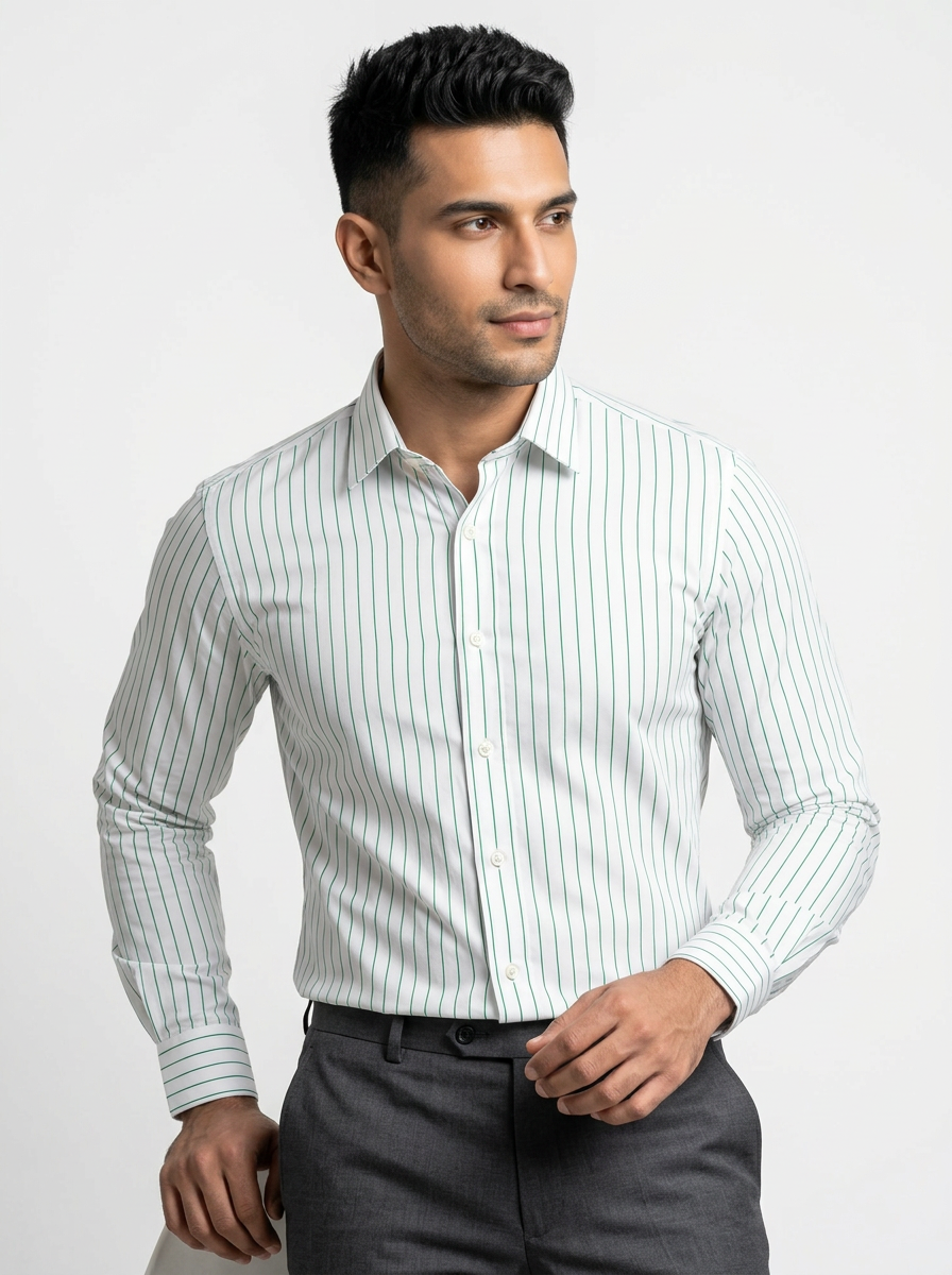 Men's White Green Pinstripe Regular Fit Formal Shirt | Full & Half Sleeve