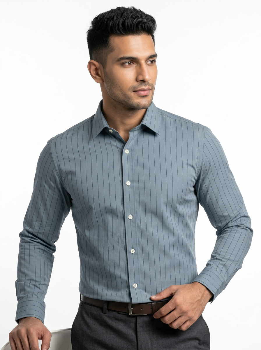 Men's Steel Blue Pinstripe Shirt Premium Regular Fit Formal Office Business Wear Secondary image
