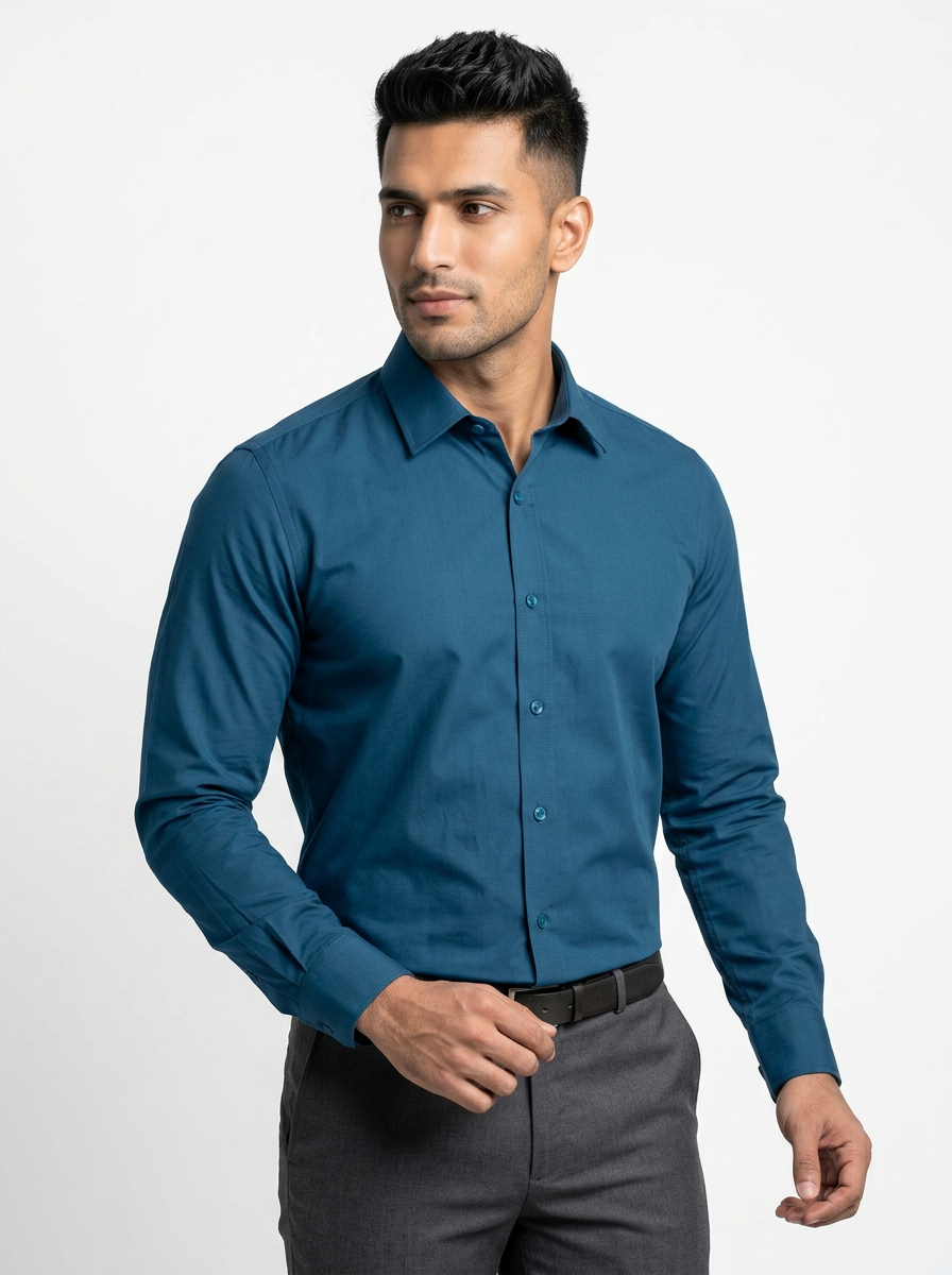 Men’s Deep Ocean Blue Solid Regular Fit Formal Casual Shirt, Full & Half Sleeve