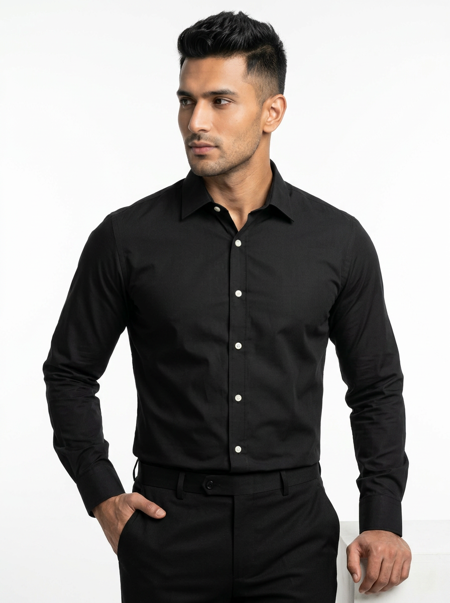 Men’s Jet Black Solid Regular Fit Formal Casual Shirt, Full & Half Sleeve