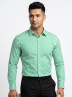 Men's Green & White Vertical Striped Regular Fit Formal Shirt | Full & Half Sleeve
