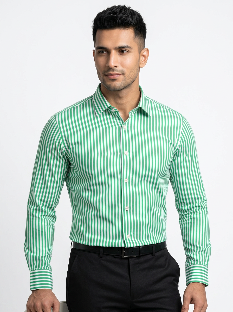 Men's Green & White Vertical Striped Regular Fit Formal Shirt | Full & Half Sleeve