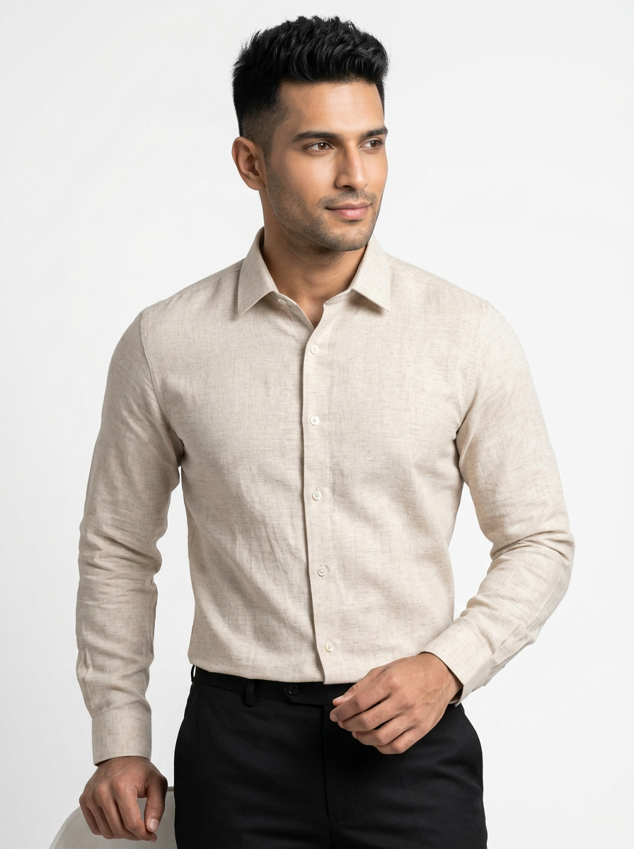 Men’s Natural Oatmeal Beige Textured Regular Fit Formal Casual Shirt, Full & Half Sleeve