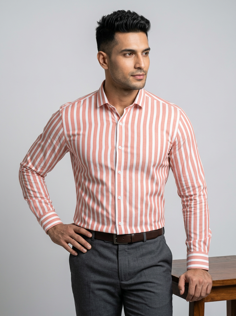 Men's Coral Peach & White Striped Regular Fit Formal Shirt | Full & Half Sleeve