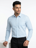 Men's Light Sky Blue & White Vertical Striped Regular Fit Formal Shirt | Full & Half Sleeve
