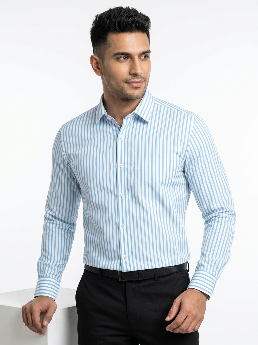 Men's Light Sky Blue & White Vertical Striped Regular Fit Formal Shirt | Full & Half Sleeve