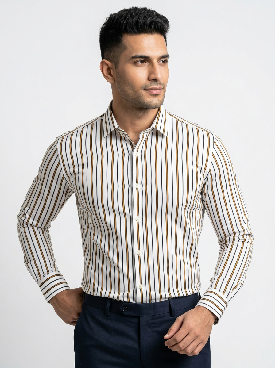 Men's White Brown & Grey Striped Regular Fit Formal Shirt | Full & Half Sleeve