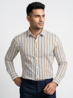 Men's White Brown & Grey Striped Regular Fit Formal Shirt | Full & Half Sleeve