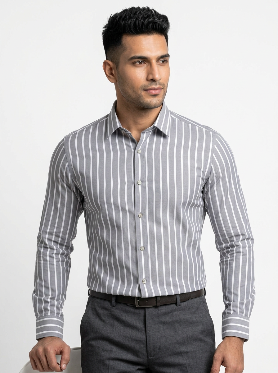 Men's Grey & White Vertical Striped Regular Fit Formal Shirt | Full & Half Sleeve