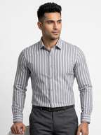Men's Grey & White Vertical Striped Regular Fit Formal Shirt | Full & Half Sleeve