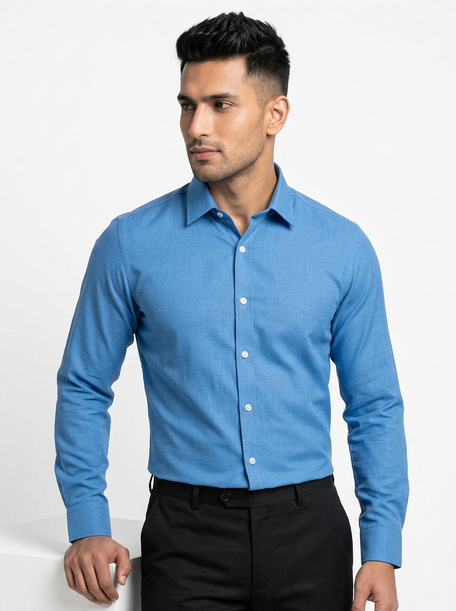 Men’s Cerulean Blue Textured Regular Fit Formal Casual Shirt, Full & Half Sleeve