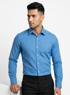 Men’s Cerulean Blue Textured Regular Fit Formal Casual Shirt, Full & Half Sleeve