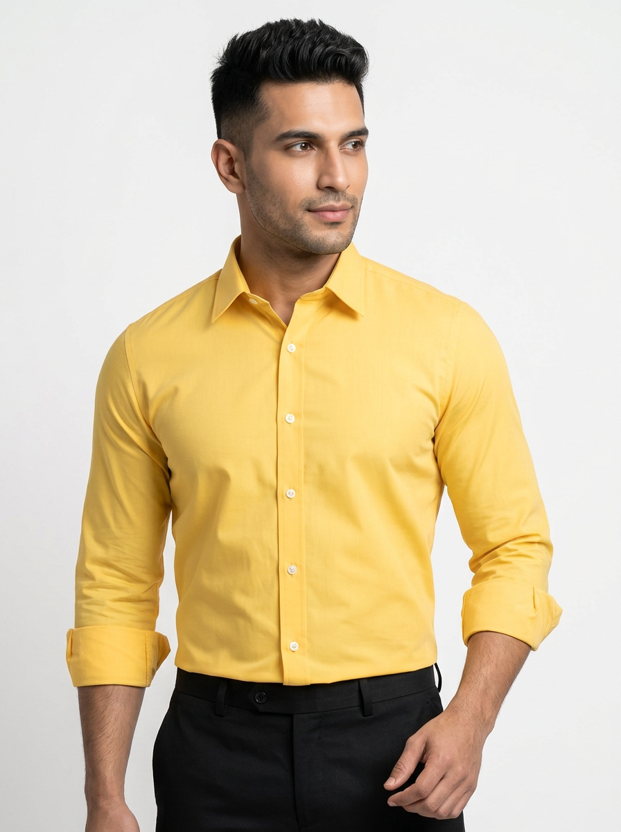 Men’s Golden Yellow Solid Regular Fit Formal Casual Shirt, Full & Half Sleeve