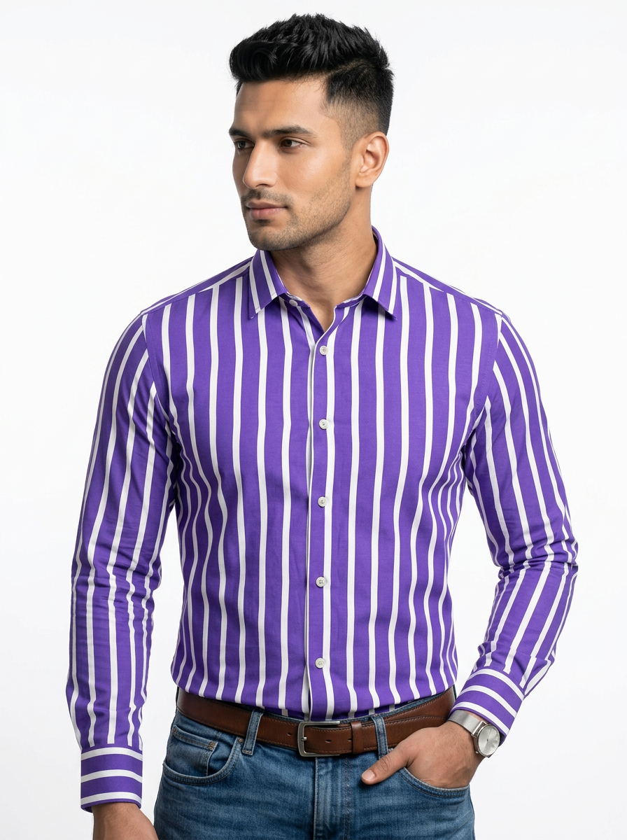 Men's Royal Purple & White Striped Regular Fit Formal Shirt | Full & Half Sleeve Secondary image