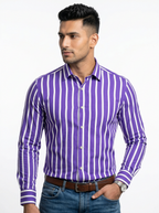Men's Royal Purple & White Striped Regular Fit Formal Shirt | Full & Half Sleeve