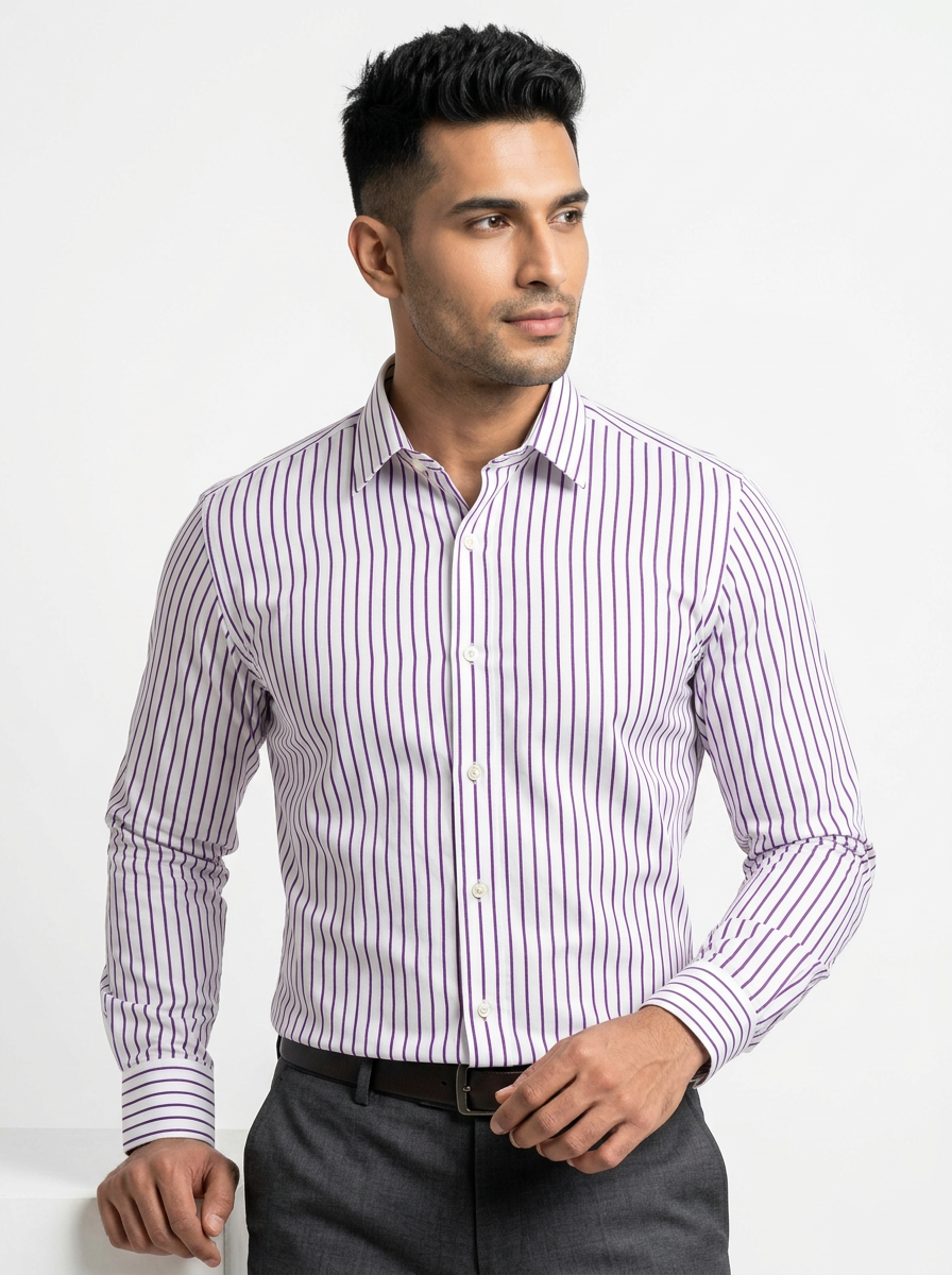 Men's White & Royal Purple Striped Regular Fit Formal Shirt | Full & Half Sleeve Secondary image