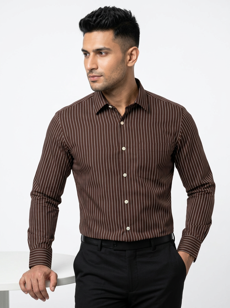 Men's Dark Brown Pinstripe Formal Shirt Regular Fit | Full & Half Sleeve Secondary image