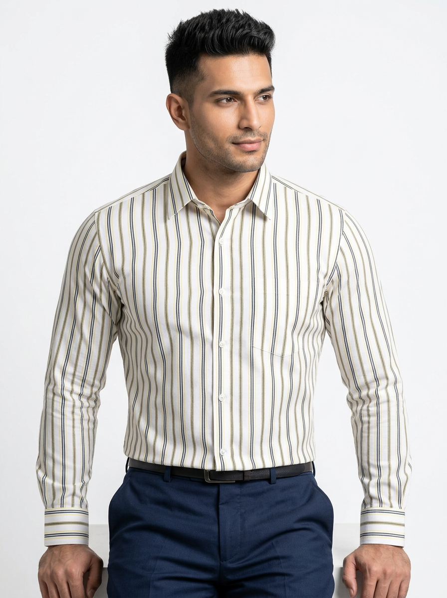 Men's White Gold & Black Stripe Regular Fit Formal Shirt | Full & Half Sleeve Secondary image