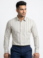 Men's White Gold & Black Stripe Regular Fit Formal Shirt | Full & Half Sleeve