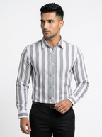 Men's White & Grey Vertical Striped Regular Fit Formal Shirt | Full & Half Sleeve