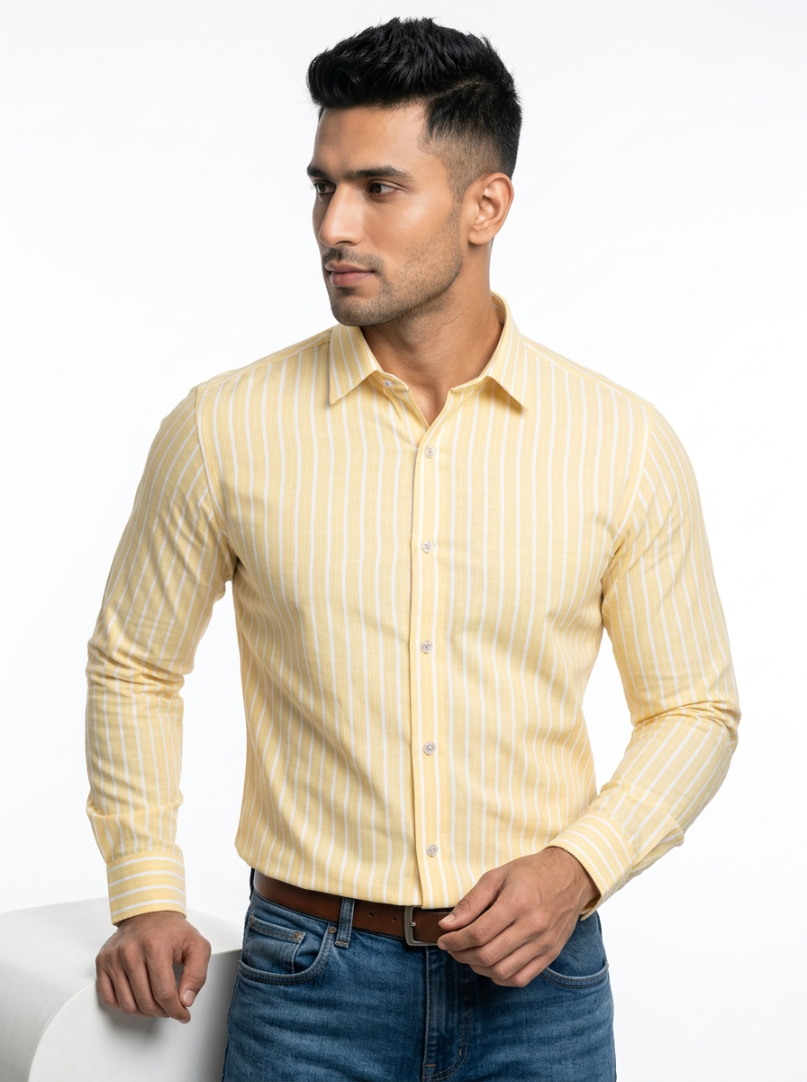 Men’s Butter Yellow & White Pinstripe Regular Fit Formal Shirt | Full & Half Sleeve Secondary image