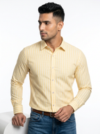 Men’s Butter Yellow & White Pinstripe Regular Fit Formal Shirt | Full & Half Sleeve