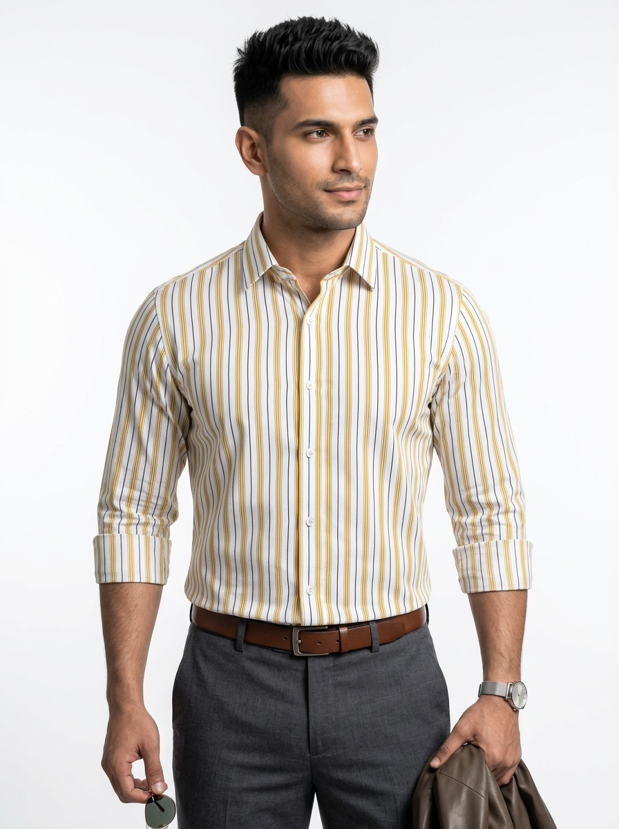 Men's White Gold Pinstripe Regular Fit Formal Shirt | Full & Half Sleeve Secondary image