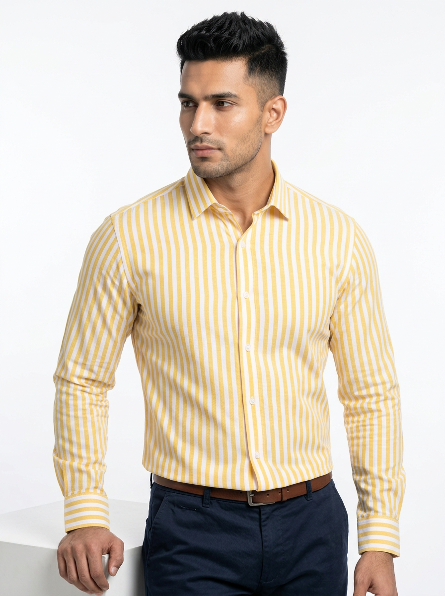 Men's Mustard Yellow & White Striped Regular Fit Formal Shirt | Full & Half Sleeve