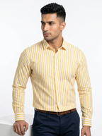 Men's Mustard Yellow & White Striped Regular Fit Formal Shirt | Full & Half Sleeve