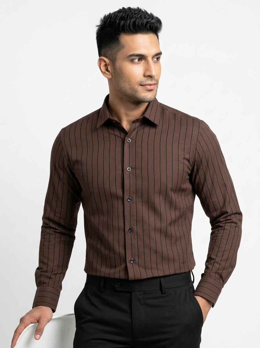 Men's Dark Chocolate Brown Pinstriped Regular Fit Formal Shirt | Full & Half Sleeve