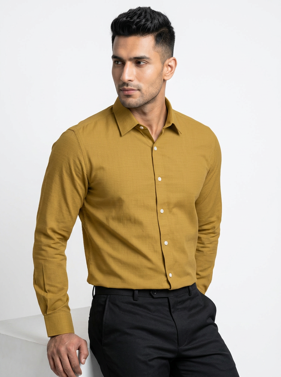 Men’s Antique Mustard Gold Textured Regular Fit Formal Casual Shirt, Full & Half Sleeve