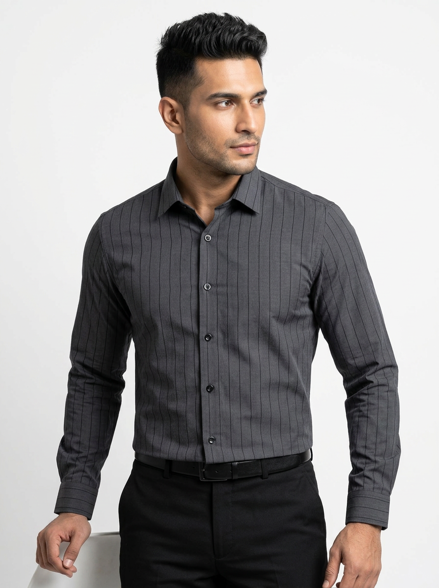 Men's Charcoal Grey Pinstripe Shirt Premium Regular Fit Formal Office Business Wear Secondary image
