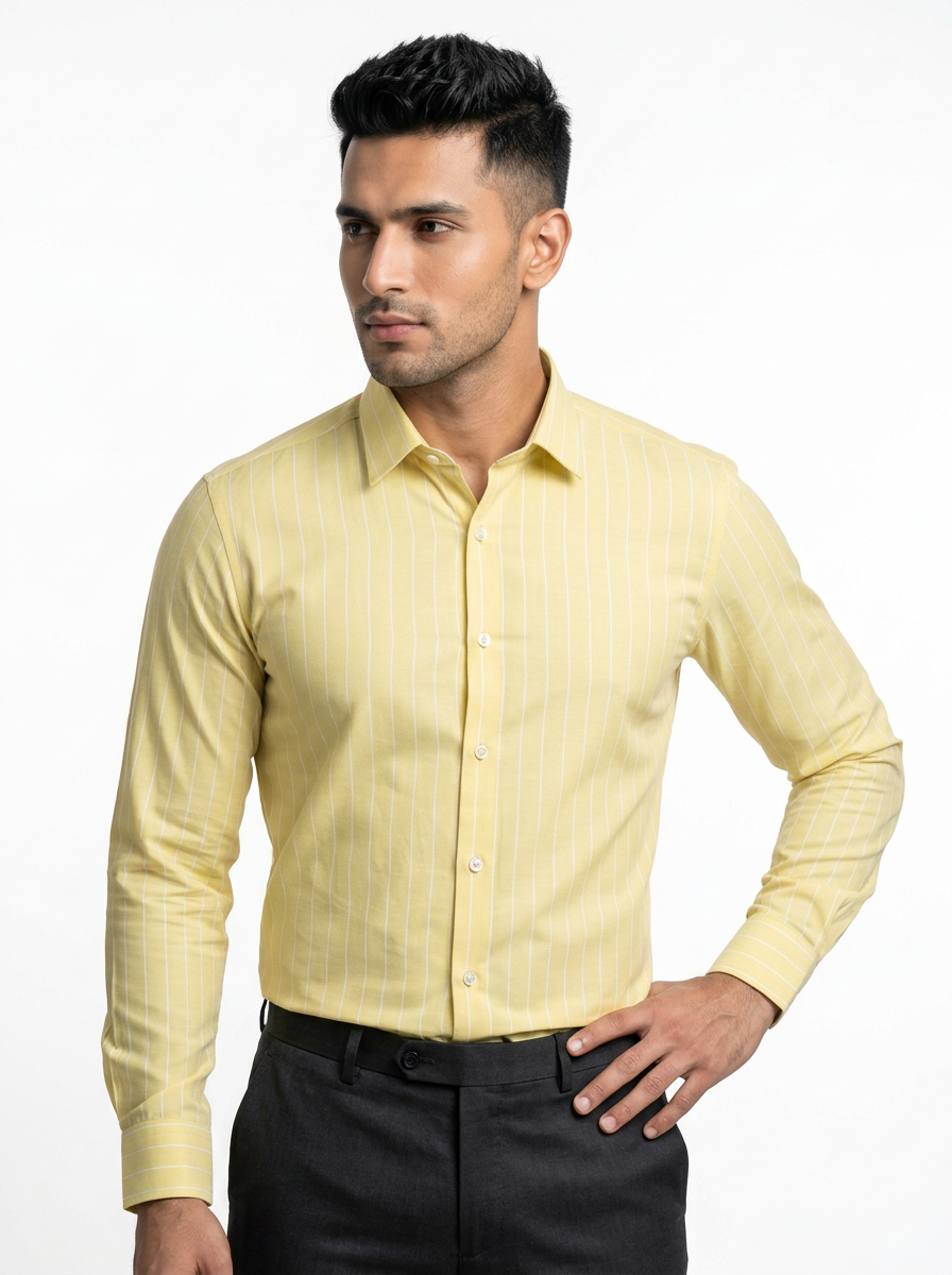 Men's Pastel Yellow White Pinstripe Shirt Regular Fit Premium Formal Casual Wear