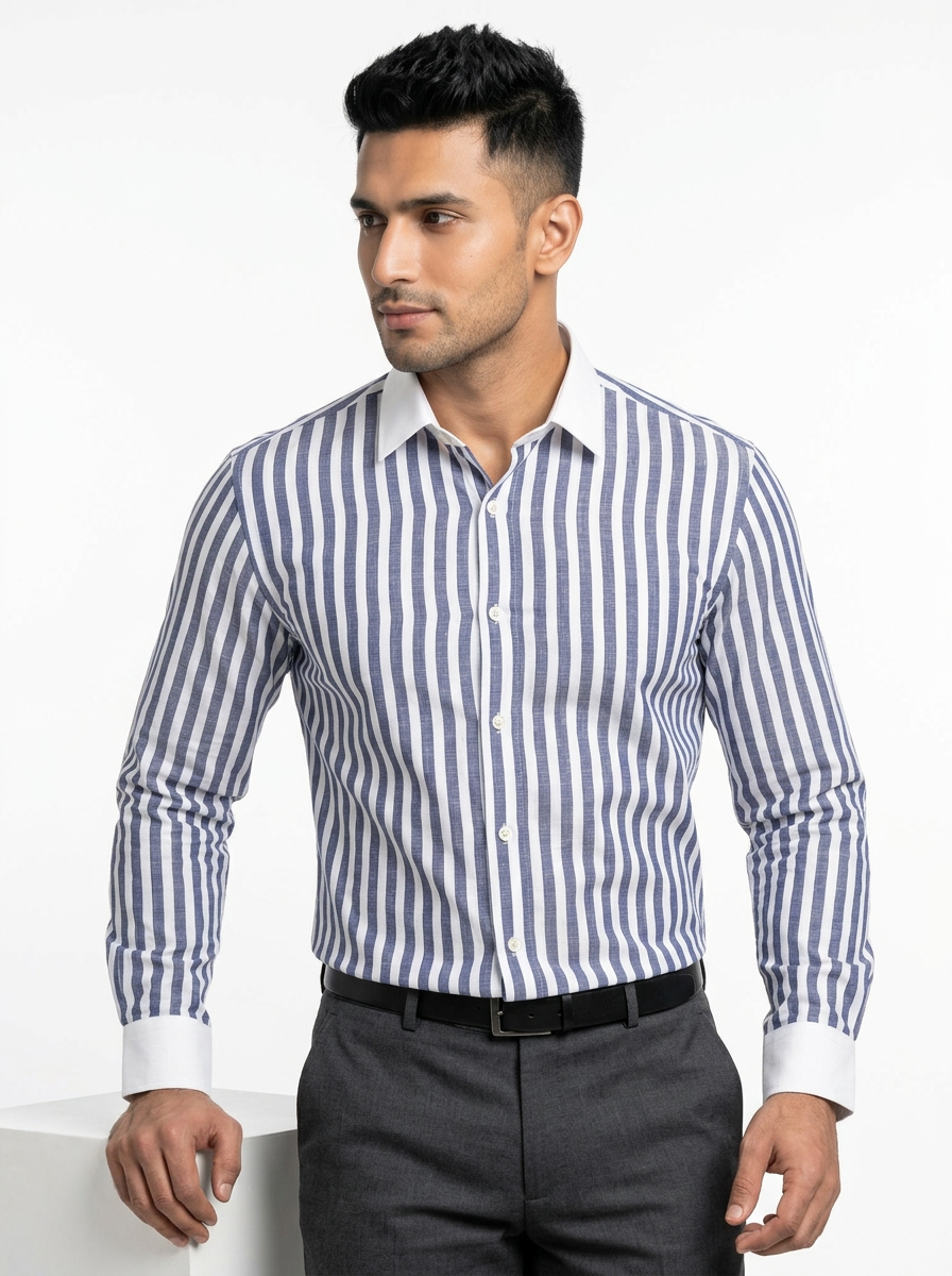 Men's Navy Blue White Bold Stripe Formal Shirt Regular Fit Premium Casual Wear