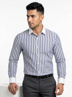 Men's Navy Blue White Bold Stripe Formal Shirt Regular Fit Premium Casual Wear