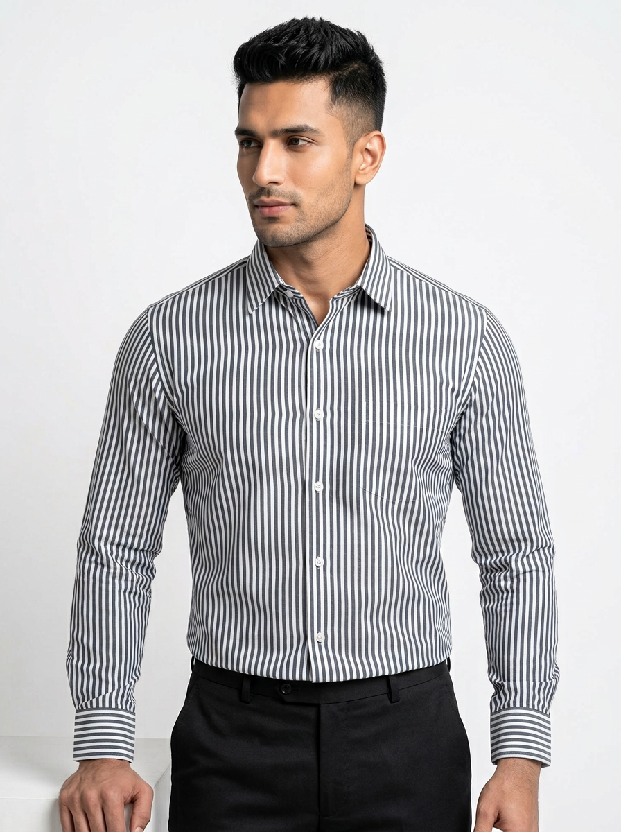 Men's White Black Stripe Regular Fit Formal Shirt | Full & Half Sleeve