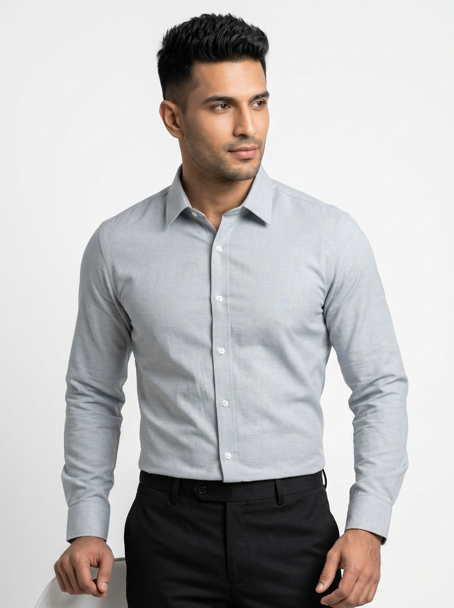 Men’s Light Steel Grey Textured Shirt, Regular Fit Formal Casual Full & Half Sleeve