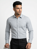Men’s Light Steel Grey Textured Shirt, Regular Fit Formal Casual Full & Half Sleeve