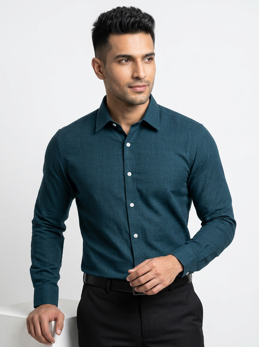 Men’s Deep Teal Blue Textured Regular Fit Formal Casual Shirt, Full & Half Sleeve