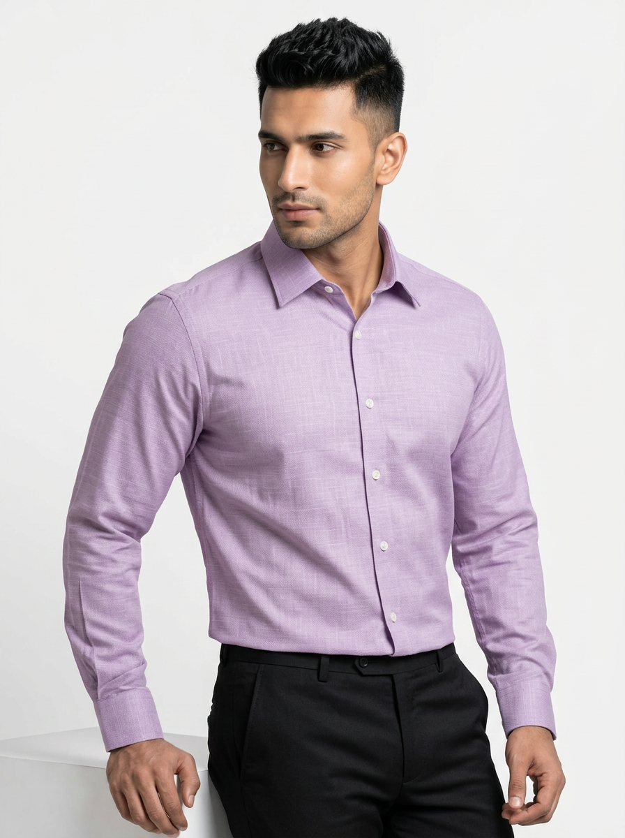 Men’s Lavender Lilac Textured Regular Fit Formal Casual Shirt, Full & Half Sleeve
