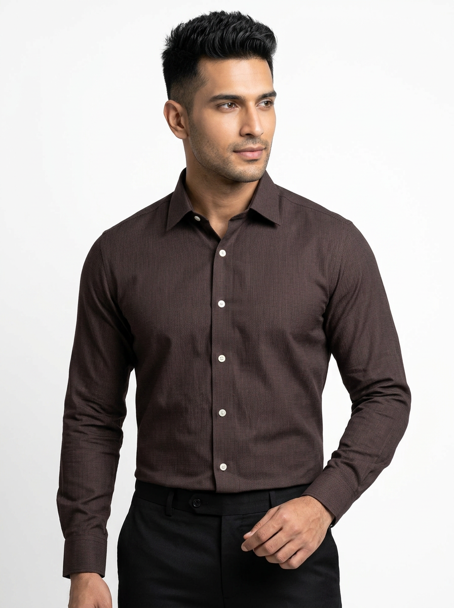 Men’s Dark Chocolate Brown Textured Regular Fit Formal Casual Shirt, Full & Half Sleeve