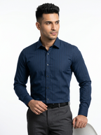 Men's Navy Blue Pinstripe Shirt Regular Fit Premium Formal Business Casual Wear