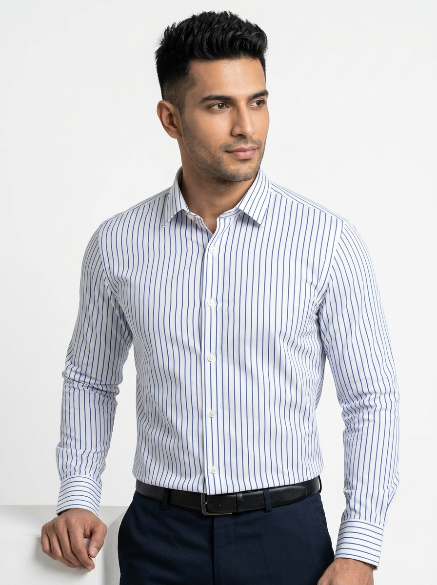 Men's White & Royal Blue Pinstripe Regular Fit Formal Shirt | Full & Half Sleeve Secondary image